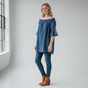 Philosophy Dresses Denim Chambray Off Shoulder Ruffle Sleeve Dress XL‎